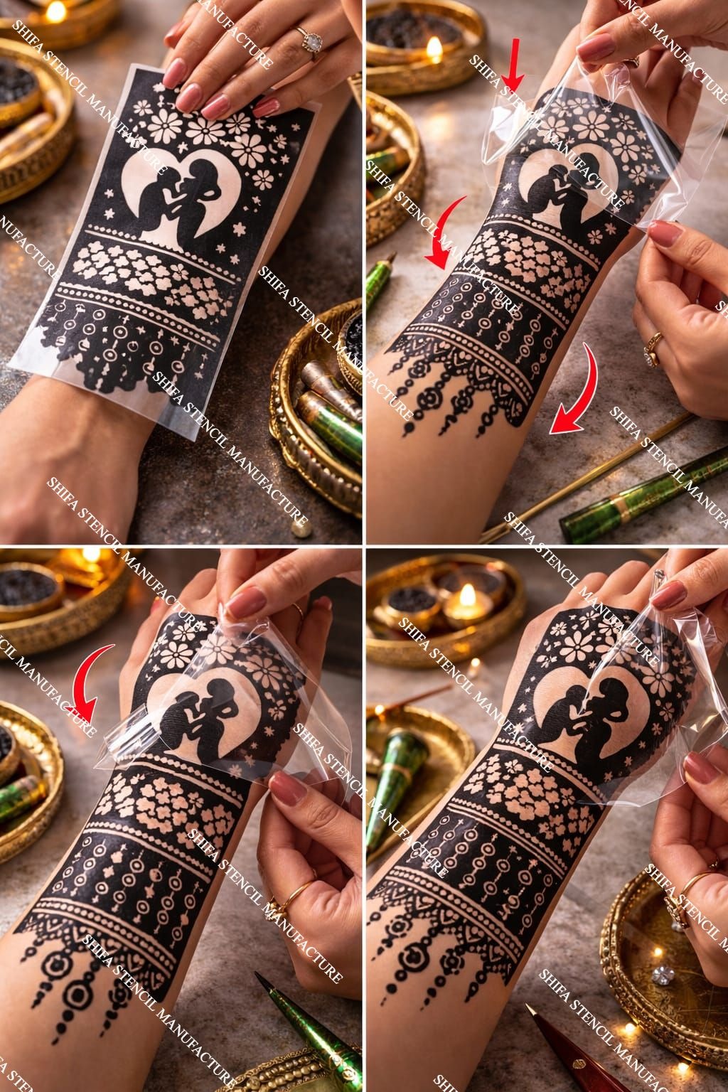 B103 (age 5 to 10)  5 to 10 Crimson Laurel Whispers Double Hand Henna Stencil
